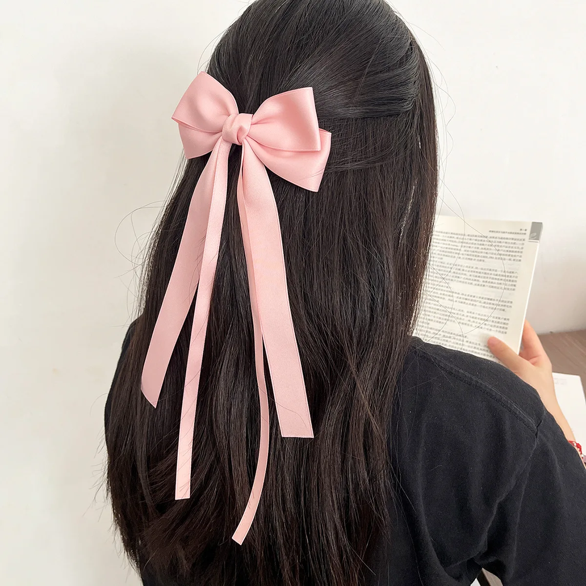 Home korean solid color ribbon double bowknot hair clips for women girls trendy big bow long tassel silver barrettes pin accessories